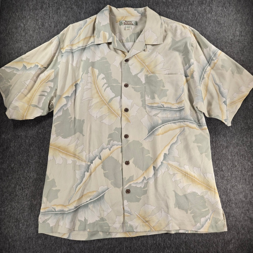 Tommy Bahama Floral Shirt Mens L Tan Silk Leaf Print Camp Short Sleeve Button Up